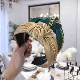 PU Leather Classic Chain Headbands Hairbands Solid Color Leather Golden Alloy Chain Knotted Makeup Headband Headdress Wholesale AA220323