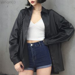 Spring Autumn Black Faux Leather Basic Coat New Women PU leather blouses Turn-down Collar Motor Biker Jacket L220801