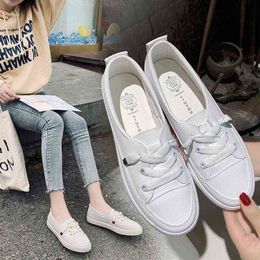 2022 Summer Women's White Leather Shoes Casual Women's Flat Shoes Lace Up Non-slip Wear-resistant Women's Shoes Sneakers Women G220610