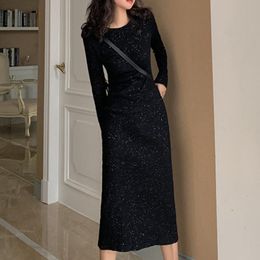 Casual Dresses 2022 Autumn Shiny Black Dress Mid-length Straight Back Split Long Sleeve Simple And Fashionable