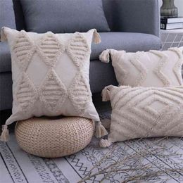 Tassels Cushion Cover 45x 45cm/30x50cm Beige Pillow Case Cover Handmade Square Home Decoration for living Room Bed Room Zip Open 210401