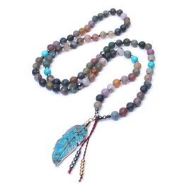 Pendant Necklaces Natural Stone Long Necklace Frosted India Onyx Beads With Ocean Jas Per Leaf Handmade Beaded Women Lariat NecklacePendant
