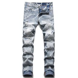 2022 Summer Street Ripped Hole Men's Jeans Fashion Urban Tight Printed Cotton Denim Pants Slim Fit Mid Waist Casual Trousers