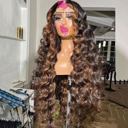 Highlight Chestnut Blonde Deep Wave V Part Wig Remy 100% Human Hair Loose Wavy Glueless Ombre Brown Full U Shape Wigs 30 Inches Full Machine Made