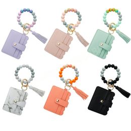 Silicone Bead Bracelet Keychain Women Fashion PU Tassel Leather Card Holder Handmade DIY Beaded Bracelet Key Ring Ornament