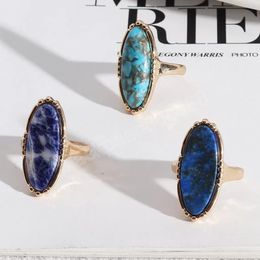 Gold Oval Turquoise Lapis Lazuli Blue Natural Stone Rings Fashion Inner Dia 1.7cm Gold Color Band Jewelry for Women