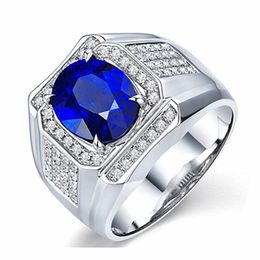 Men Ring Silver Jewellery Oval Shape Sapphire Zircon Gemstone Fashion Finger Rings Accessory for Male Wedding Engagement Party