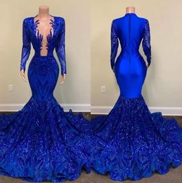 2022 Royal Blue Mermaid Prom Dresses Sparkly Lace Sequins Long Sleeves Black Girls African Celebrity Evening Gown B0408