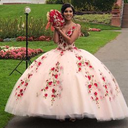neckline applique UK - Stunning Beaded Ball Gown Quinceanera Dresses V Neckline Crystals Princess Prom Gowns Floor Length Flowers Appliqued Tulle Sweet 15 Masquerade Dress