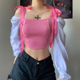 Women Pink Tops Y2K Sweet Color Contrast One Line Collar Bubble Sleeve Off Shoulder Ribbon Bow Young Girls Short Blouse Shirt