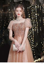 Sequins Rose Gold Mermaid Prom Dresses Princess Cap Sleeve Appliques Puff Bateau Neck Beaded Tulle Lace Appliques Party Gowns Plus Size Custom Made