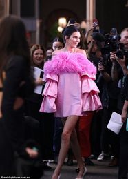 Fuchsia Stain Feather Short Prom Cocktail Dresses Kendall Jenner 2022 Long Sleeve Off Shoulder Red Carpet Celebrity Evening Gown