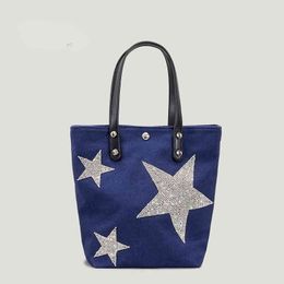 Sparkling Crystal Star Pattern Rhinestone Tote Shopper Bag Large Eco Friendly Canvas Shoulder Purse Bling Portable Handbags 220616