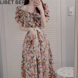 Women Summer Dresses Casual Vintage Chiffon Print Floral High Waist Fashionable Puff Sleeve Lace Up Long Dress DR3122 220517