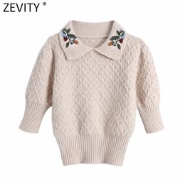 Zevity New Women Vintage Embroidery Turn Down Collar Casual Short Knitting Sweater Ladies Puff Sleeve Chic Pullovers Tops S519 210203