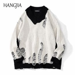 Black White Patchwork Pullovers Sweaters Washed Destroyed Ripped Sweater Men Harajuku Hole Knit Jumpers for Women Oversized 220812