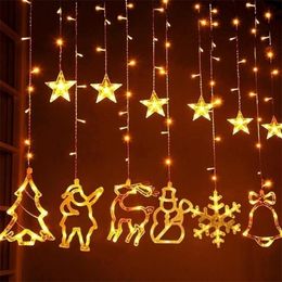 Snowflake Elk Bell Christmas Curtain Light Decorations for Home Merry Ornaments Xmas Gift Year Y201020