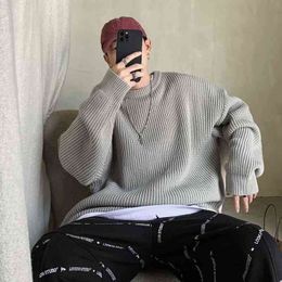 2022 Autumn New Light Luxury Fashion Round Neck Sweater Men Korean Version Loose Thickening Depth Knitted Boutique Clothing L220730
