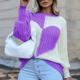 Women Sweater Autumn Winter Ladies Elegant O Neck Love Print Patchwork Knitted s Fashion Long Sleeve Casual Loose 220809