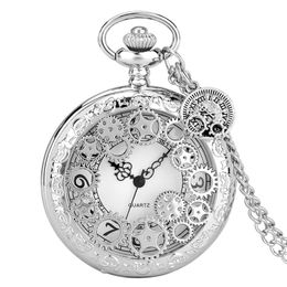 Silver Pocket Watch Hollow Out Wheel Case Unisex Arabic Numeral Quartz Analogue Clock 80Cm Chain Retro Timepiece Gift