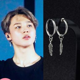 Hoop & Huggie Hip Hop Kpop Boy Leaf Titanium Feather Pendant Drop Earrings Korean JewelryHoop
