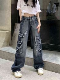 Washed Old Vintage Loose Blue Jeans Women's Summer Street Straight High Waist Wide Leg Burrs Denim Pants Female Trousers L220726