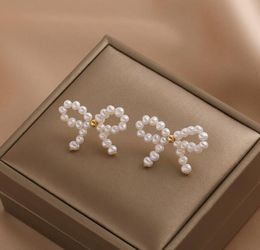 3-4mm Beautiful bow Pearl Stud Dangle & Chandelier Freshwater pearl Earrings white Lady/girl Fashion Jewellery