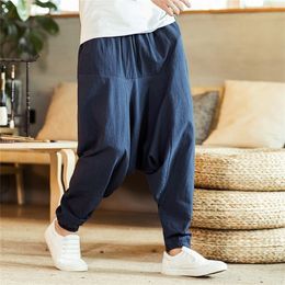 Cotton Linen Cross-Pants Japanese Harajuku Loose Joggers Trousers Hip Hop Harem Pants Wide Leg Baggy Pants Big Size XZ220-2-K18 201128