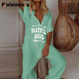 Jumpsuit Women Summer Overalls Letter Print V Neck Cotton Linen Bodysuits Loose Trousers Romper Sexy Streetwear Elegant Bodysuit 220714