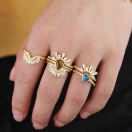 Cluster Rings Women Jewellery Ring Set Of 3 Pcs Blue Coffee Colour Baguette Cz Tear Drop Delicate Ladies Trendy Geometric Cute RingsCluster Wyn
