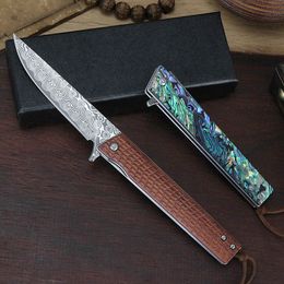 Special Offer R0708 Pocket Folding Knife 76 layers VG10 Damascus Steel Blade Rosewood / Abalone shell Handle Ball Bearing Flipper Fast Open Knives