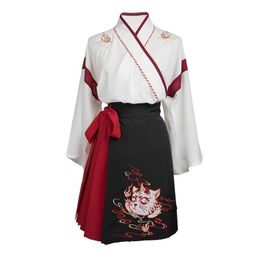 Ethnic Clothing Japanese Kimono Gown Women Cosplay Costume Black White Embroidery Skirts Vintage Asian 2 Pieces Sets Halloween UniformEthnic