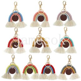 Nordic wooden tassel keychain Party Favor Hand woven rainbow cotton rope round wood key chain Creative tassel bag Pendant de278