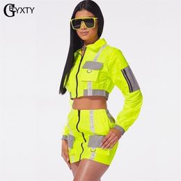 GBYXTY Neon Green Two Piece Skirt Set Fashion Reflective Set Women Autumn Long Sleeve Jacket and Skirt 2 Piece Set Outfits ZL390 T200325