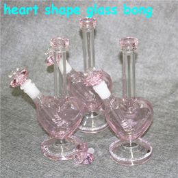 Hookahs Glass Bongs 9 inch Heart Shape Valentine's Day gift Pink Color Water Pipes Dab Oil Rigs with 14mm Smoking Dry Herb Bowls ash catcher