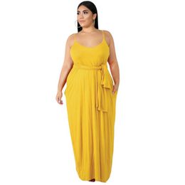 Plus Size Dresses African For Women Solid Strap Long Maxi Dress Chubby Elegant Sleeveless With Belt Vintage Robe 5XLPlus