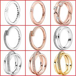 Cluster Rings Luxury Shining S925 Silver Heart Wrong Circle Three-ring Ring Two-color Multi-ring Double-sided Pandor Women JewelryCluster