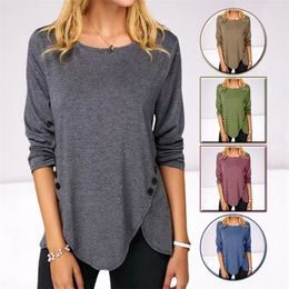 Button O Neck Solid Colour Tunic T-Shirt Women Clothing Long Sleeved Loose Casaul Irregular Pullovers Tops Tee Shirt Femme 220328