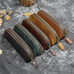 Wallets Retro Pencil Case Genuine Leather Business Bag For Kids Cowhide School Office Zipper Pen Pouch Stationery SuppliesWallets