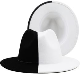 Black Cream Patchwork Jazz Fedora Hat Men Women Elegant Church Dresses Felt Hats Big Brim Party Wedding Cap Sombreros De Mujer