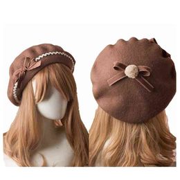 Fashion Japanese Jk Lolita Beret Hat For Women Girls Wool Kawaii Bow Felt Beanie Cap Winter Warm Hats J220722