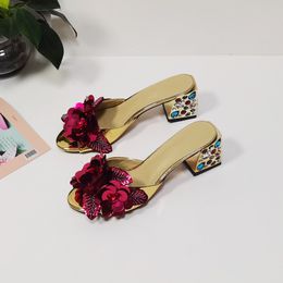 ne women Rhinestone leather 2024 10CM heels sandals summer Flip-flops slipper slip-on wedding dress Gladiator shoes colourful diamond 3D Flower size 35-43