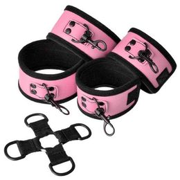 Nxy Sm Bondage Pink Sex Leather Handcuffs Ankle Bdsm Restraints Erotic under Bed Wrist Cuffs Kit Adult Toys for Couples Womes Games 220426