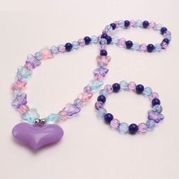 Girls Jewellery Set Purple Heart Pendant Necklace Beaded Bracelets Acrylic Butterfly Beads Chokers For Baby Kids Gifts