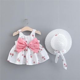 Girl's Dresses Cherry Sleeveless Outfits Princess Hat Kids Baby Girls Bow Toddler Outfits&set Children Clothes VestidosGirl's