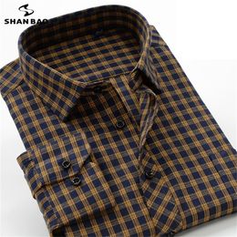 SHAN BAO 6XL 7XL 8LX 9XL 10XL men's business casual loose brand shirt autumn and winter thick warm cotton plaid shirt 220401