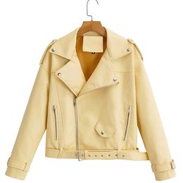 Ailegogo Spring Autumn Women Loose Yellow Pu Faux Leather Jacket with Belt Streetwear Moto Biker Coat Outwear Femme 220815