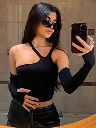 Side with Me Sexy Women T-shirts Long Sleeve Crop Tops Summer Casual Party Club Black Asymmetrical Cut Out Long Sleeves Corset Top Woman