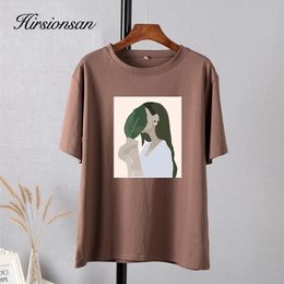 Hirsionsan Harajuku Printed T Shirt Women Summer Chic Tees 100% Cotton Elegant Graphic Clothes Loose Casual Pullover Tops 220402