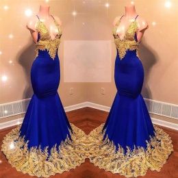 Royal Blue Prom Dresses With Gold Lace Applique Mermaid Spaghetti Straps Neckline Custom Made Floor Length Tail Evening Party Gown Vestidos Plus Size 403 403